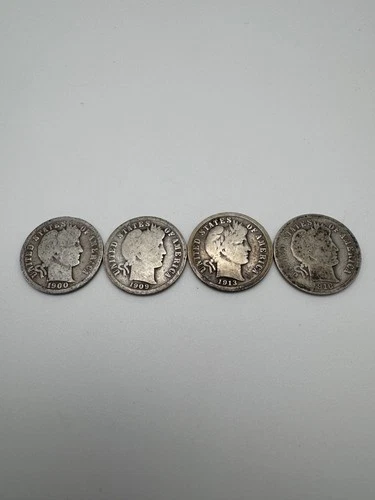 Lot of 4 Barber Silver Dimes 1900 1909 1913 1916 – 90% Silver