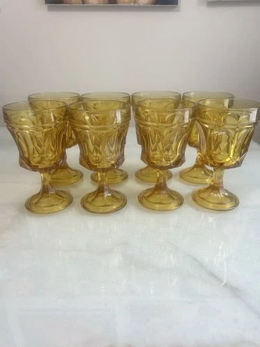 Vintage Anchor Hocking Fairfield Amber Wine Goblets Set of 8 1970s Glass