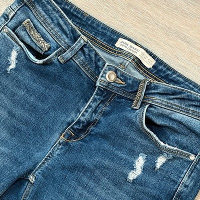 Zara Basic Z1975 Denim Premium Distressed Skinny Jeans Blue Chain Detail Size 4