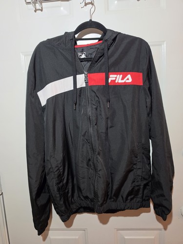 Fila Windbreaker Jacket Men's Medium Black Full Zip Hooded Lightweight Logo