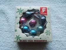 VINTAGE BOX OF 8 1" ROUND ASSORTED COLOR CHRISTMAS ORNAMENTS - FEATHER TREE
