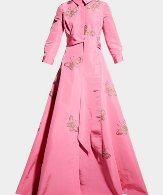 Carolina Herrera Butterfly Embellished Silk Shirt Gown Pink Silk Size 8