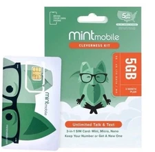 Mint Mobile 3 Month Prepaid Plan SIM Card with 5GB DATA, Talk, Text