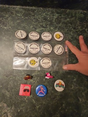 Vintage 1994 Power Rangers Lot - Power Caps Pogs, Pins, Toy Ring & Spinner