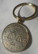 Vintage 90's Libra Zodiac Keychain Sunflower Embossed Gold Tone USA Made
