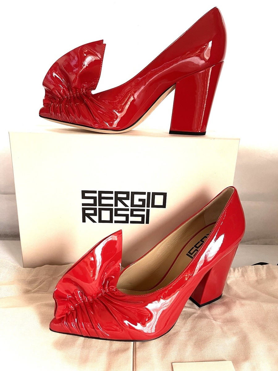 Sergio Rossi RARE Red Patent Leather Ruffle 090 Block Heel