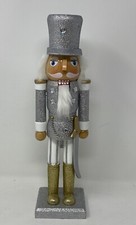Silver And Gold Glitter 14  Wooden Christmas Nutcracker Soldier Rhinestone Trim