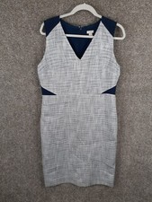 J Crew Tweed Eyelet Dress Womens 14 Blue Gray Sheath V-Neck Career Preppy Chic