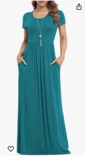 Vishow XL Acid Blue Green Maxi Short Sleeve Party Dress Waisted Pockets