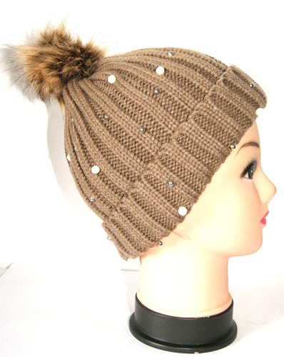 BONNET FANTAISIE DOUBLÉ FEMME MARRON PERLE TAILLE UNIQUE CADEAU HIVER CHAUD SKI - Picture 2 of 5