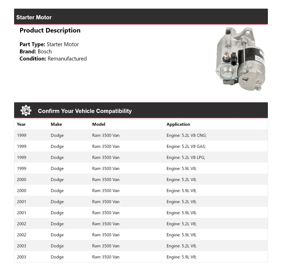 Para Dodge Ram 3500 1999-2003 furgoneta Bosch arranque (remanufacturado) 2000 2001 2002 Foto 2 de 4