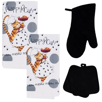 Cat Kitchen Towels Set - Set of 2 Towels, 1 Oven Mitt and 2 Potholders - Calico