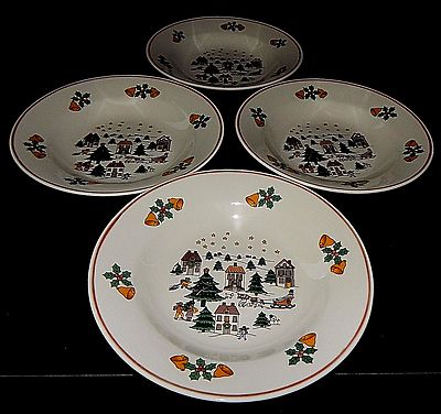 4 Direct Source Int'l Christmas Village Scene Holly Bells Sleigh Soup Bowls Vint