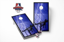 Lineman Lightning Storm Cornhole Board Skins Vinyl Wrap Laminated Sticker Set