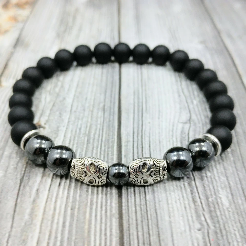 Brazalete de plata con cuentas de piedras preciosas de ónix + hematita 8 mm calaveras de azúcar mexicanas de 8" L Foto 3 de 4