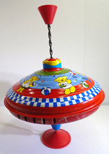 Vtg Push-n-Spin LBZ Tin Spinning Top Toy 7.5" Circus Bears Collage Bolz Germany