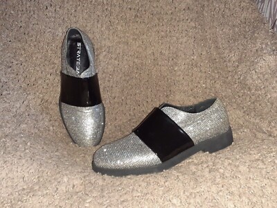 STRATEGIA-Diamante Crystal Jeweled-Black Patent Strap-Loafers-Sz 36-NWOB