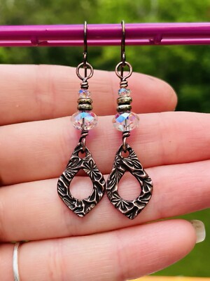 Artisan Copper Swarovski and bronze earrings with niobium ear wires rustic 