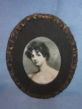 Antique Primitive Round Wood Frame with Portrait of Woman