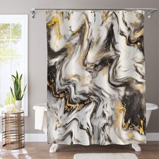 Long Shower Curtain 72 x 78, Tall Abstract Black Gold Marble, Modern Luxury N...