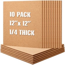 10 Pack 12 x 12 Square Cork Board Tiles, 1/4 Thick, Self Adhesive, Bulletin