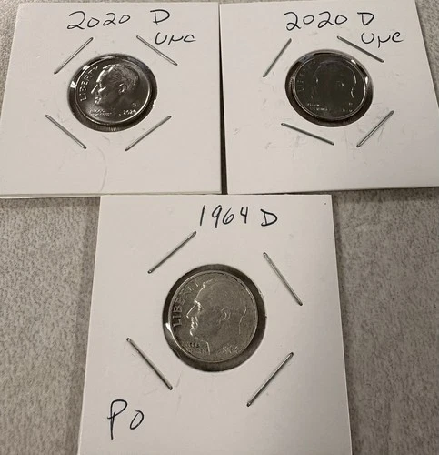 Roosevelt Dimes, one Silver 1964 D Circulated & two 2020 D Uncirculated