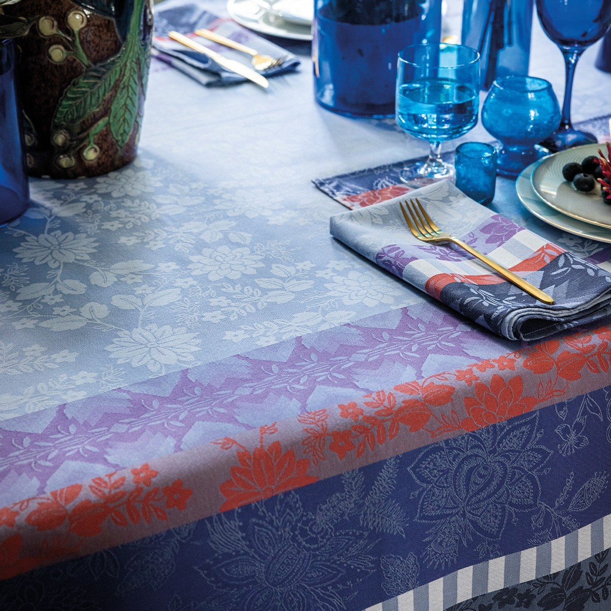 Nappe coton Gipsy Azur enduite 175x175 nappe carrée antitache imperméable