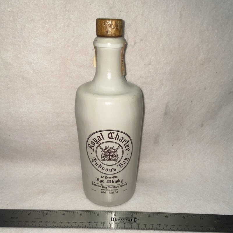 Royal Charter Hudson’s Bay Scotch Whisky White Ceramic Bottle w/ Wood Stopper