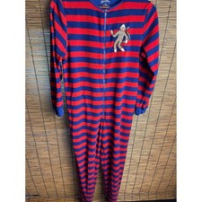 Nick Nora Sock Monkey Fleece Footed Pajamas Red Blue Striped Small Sleepwear
