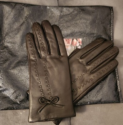 YISEVEN Leather Gloves Brown Women's 7.5 with bow detail