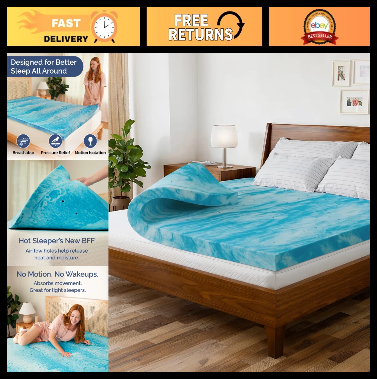 3" King Memory Foam Mattress Topper - Cooling Gel Infused, Soft Ventilated Pad f