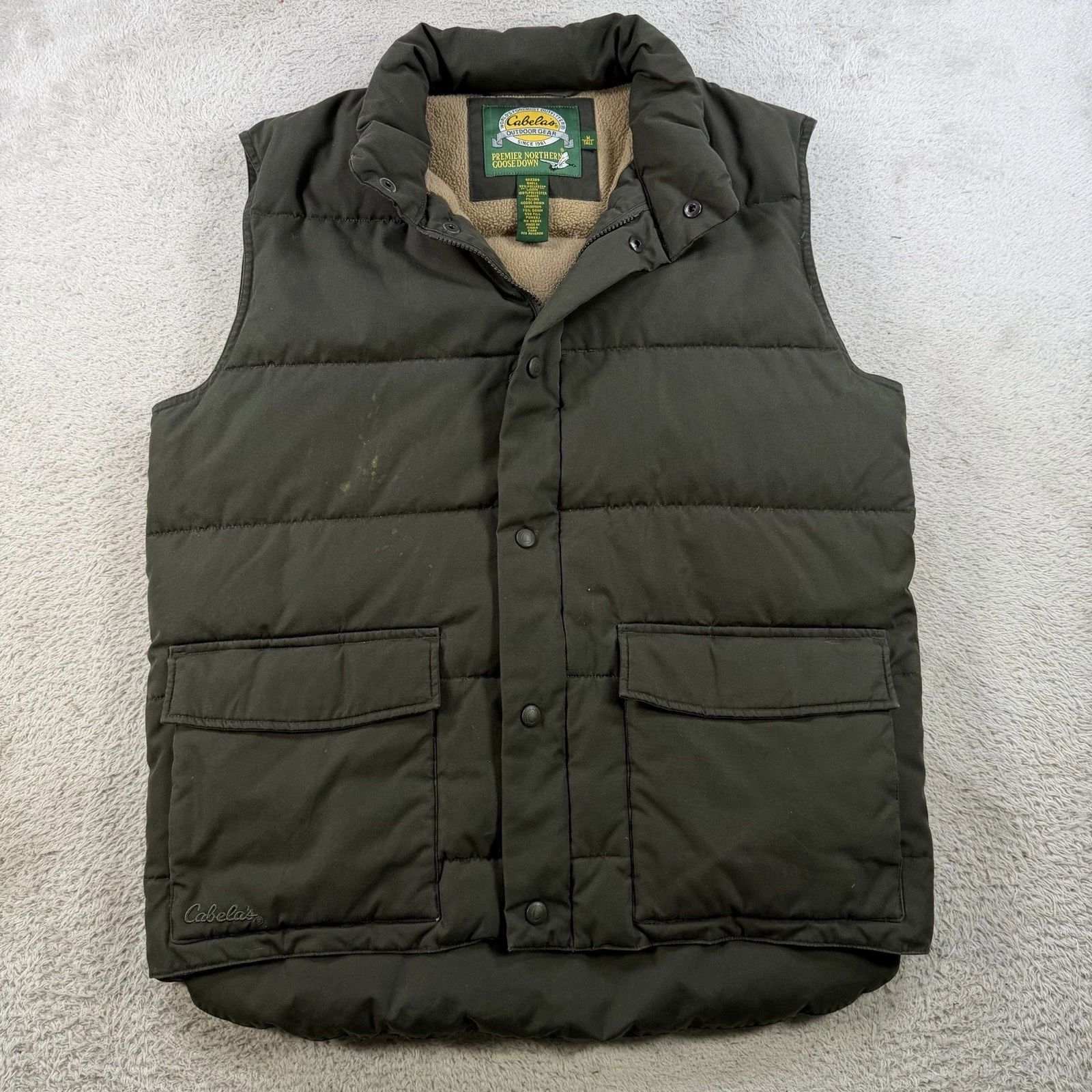 Cabelas Vest Mens MT Green Premier Northern Goose Down Puffer Snap Pocket
