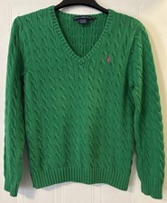 Ralph Lauren Women's Sport Polo Cable Knit Sweater V-Neck Green Size XL