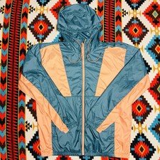 Columbia Men's Windbreaker Jacket M Teal Peach Colorblock Hooded Full Zip