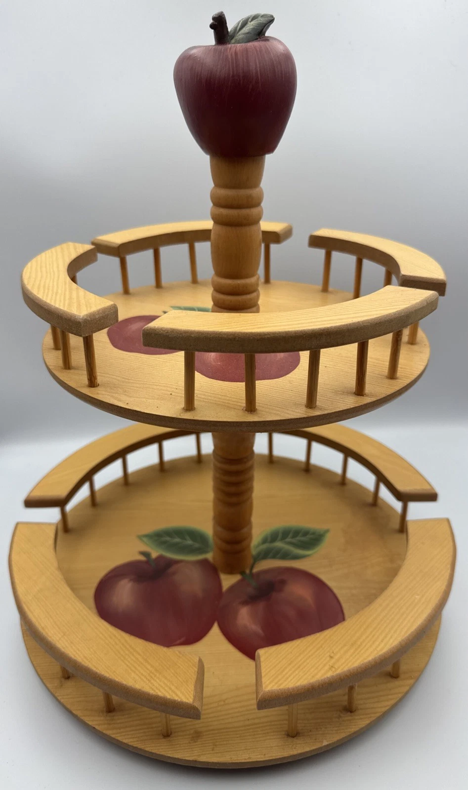 VTG 2-Tier Spice Rack Lazy Susan Wood Apple Decor Cottagecore Grannycore