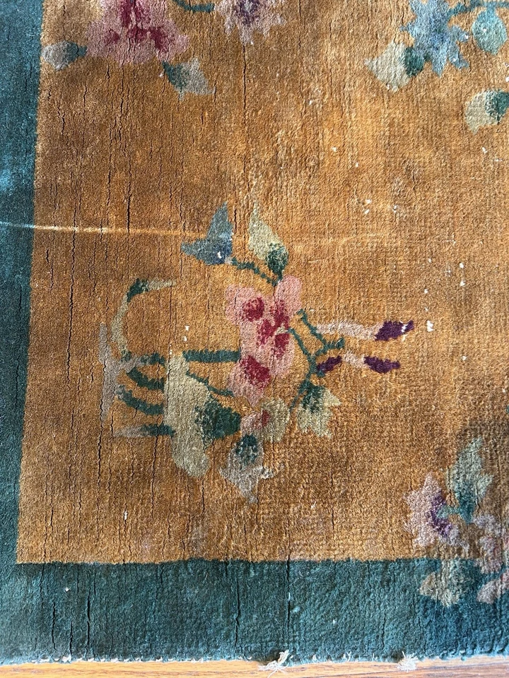 "Antiguo nicholes art deco chino hecho a mano amarillo con borde verde 34""x24""" Foto 3 de 4