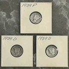 1939 P, 2 1939 D MERCURY DIMES, CIRCULATED, UNGRADED