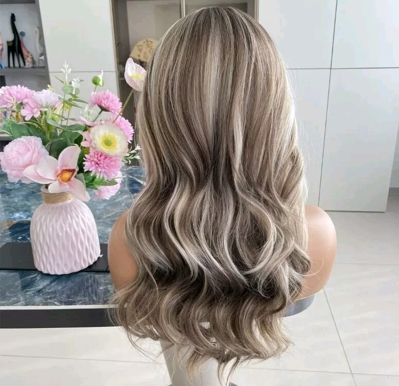 HD Lace Front Wig Human Hair Blend Highlights  Straight Honey BROWN Blonde - Image 4 of 4