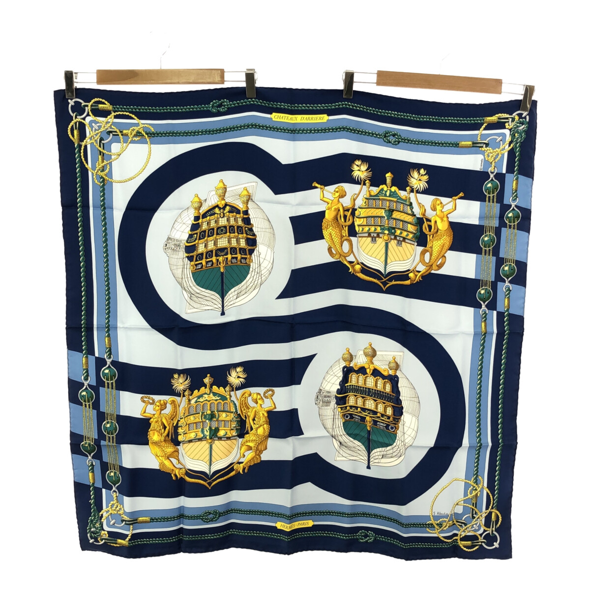 Hermes Carre90 Chateaux D'Arriere Scarf Blue Silk