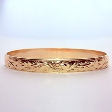14K Yellow Gold Hawaiian Heirloom Floral Scroll 7.7mm 7.4" Bangle Bracelet 21.6g