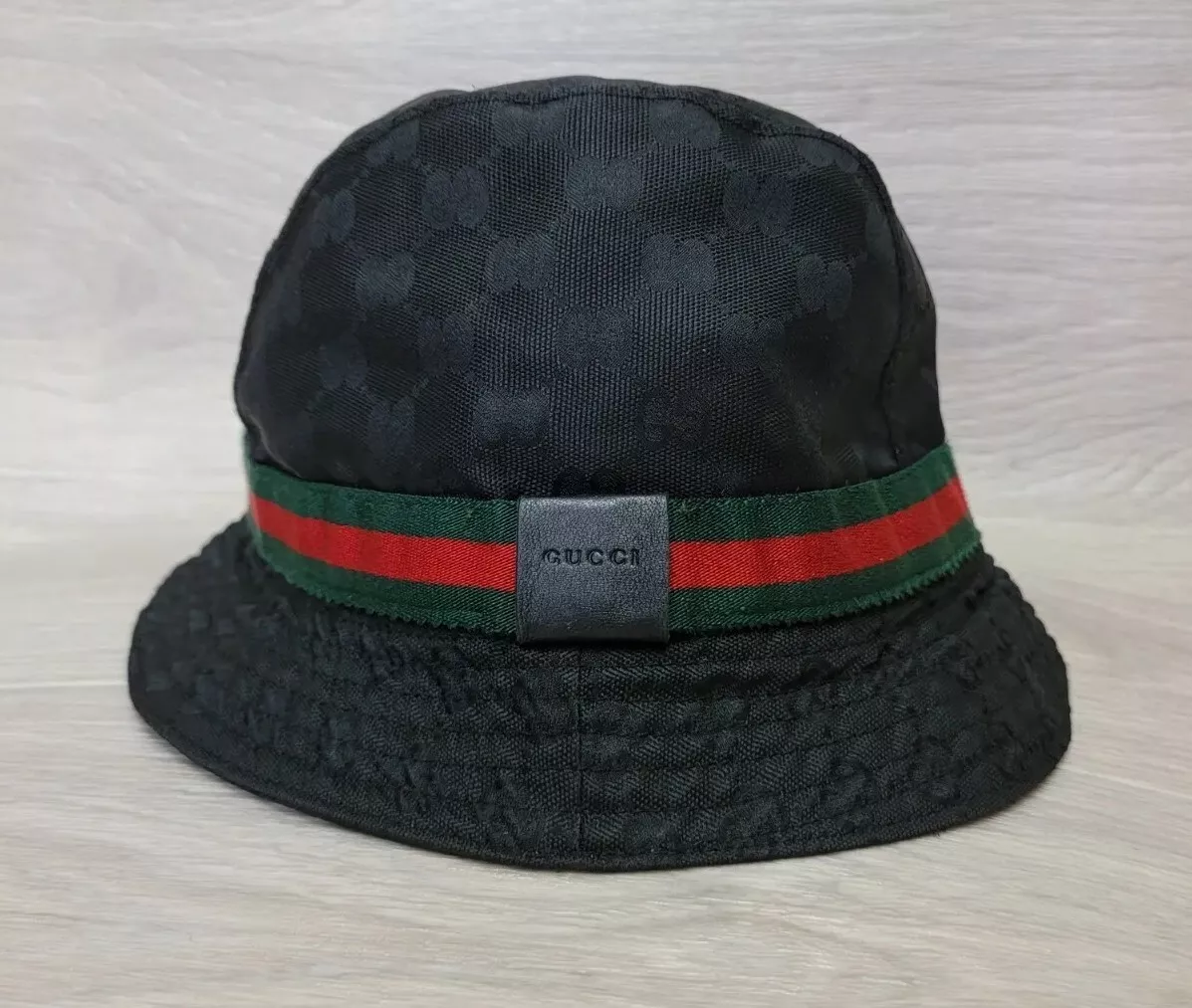 Authentic Gucci Bucket Hat Cap Web Strip Black GG Monogram Sz M