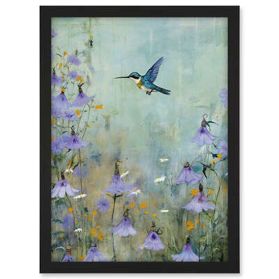 Bluebell Hummingbird Pastel Painting Nectar Flowers Framed Wall Art Print A3