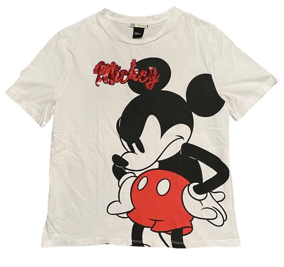 Zara Disney Women s T Shirt Size S White Mickey Mouse Face Graphic Short Sleeve
