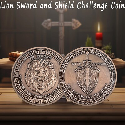 Challenge-Münze 'Be Strong & Courageous Lion' – Christliche Motivmünze Aus Vergoldetem Kupfer, 40 Mm