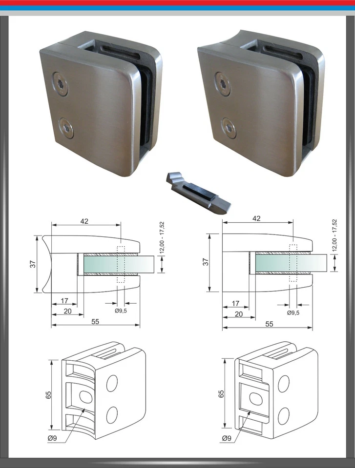 Edelstahl V2A Glashalter Klemmhalter Glasklemme Geländer Sicherungsplatte