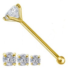 14K Solid Gold Round Cubic Zirconia Body Jewelry End Bone Nose Stud 25g 1mm-2mm
