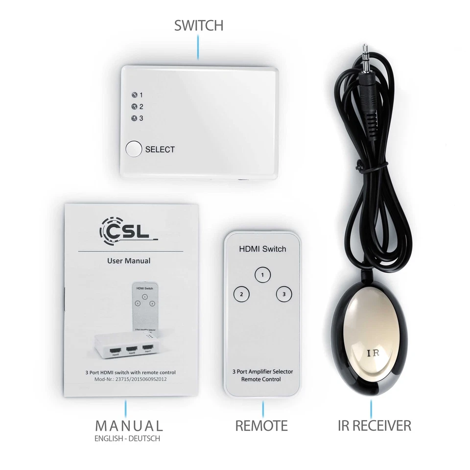 CSL 3D Full HD HDMI-Switch mit Fernbedienung & Verstärker | 3-Port-Umschalter - Bild 3 von 4