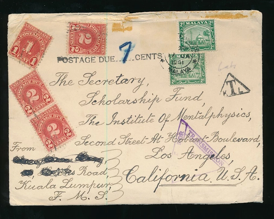 MALAYA 1941 UNDERPAID to USA POSTAGE DUES 7c + KTL TRIANGLE + CENSOR to LA - Image 2 of 3