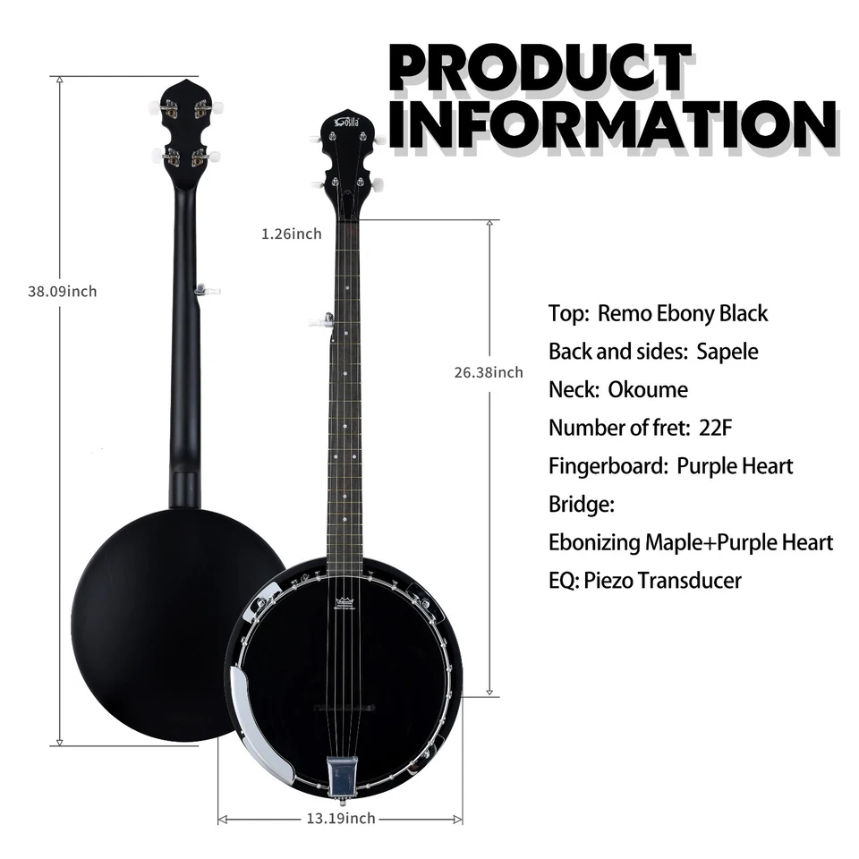5 String Full Size Acoustic Electric Banjo Solid Back Remo Ebony Black Top Sapel - Image 3 of 4