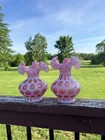 Fenton Cranberry Opalescent Coin Dot 7” Set Of Two Vases
